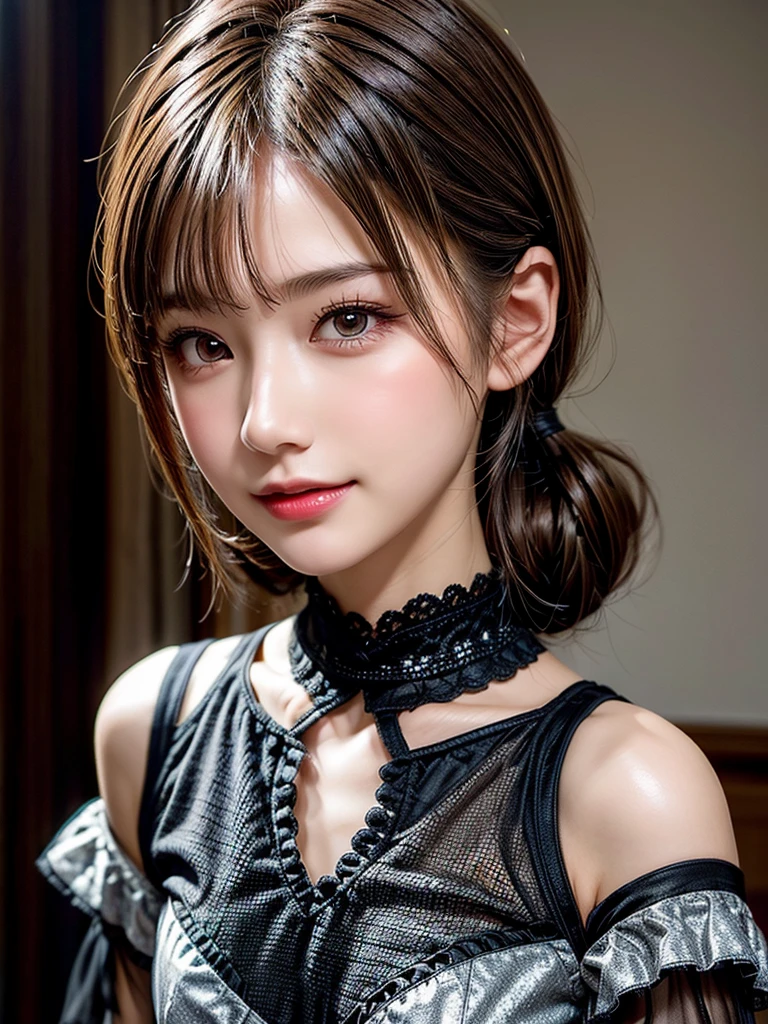 (8K, Photorealistic, Raw photo, of the highest quality: 1.3), (1girl in), Super beautiful, (Realistic face), (boyish, Silver Color Berry Shorthair), Beautiful , Glare that captivates the viewer, Beautiful expression, Beautiful breasts, (Realistic skin), Be...Super high quality, super high definition, super detailed, masterpiece, 20years old, female, cute, perfect face, beautiful, nice body, gothic lolita clothes, gothic lolita fashion, frilly skirt, headdress, necklace, bracelet, knee-high socks, boots, double eyelids, tear bags, Detailed down to the fingers, photo-like description, indoors, dim indoor lighting, blonde hair, pony tail, standing, whole body, composition that shows the whole body, smiling