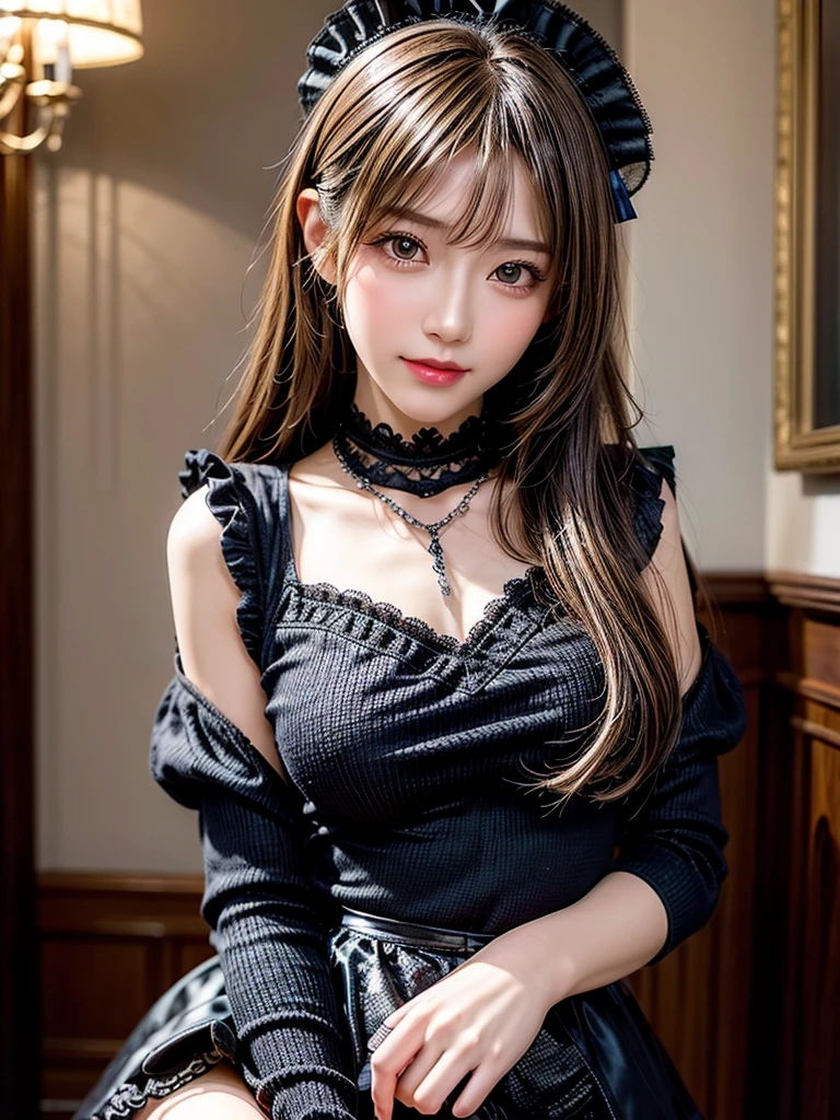 (8K, Photorealistic, Raw photo, of the highest quality: 1.3), (1girl in), Super beautiful, (Realistic face), (boyish, Silver Color Berry Shorthair), Beautiful , Glare that captivates the viewer, Beautiful expression, Beautiful breasts, (Realistic skin), Be...Super high quality, super high definition, super detailed, masterpiece, 20years old, female, cute, perfect face, beautiful, nice body, gothic lolita clothes, gothic lolita fashion, frilly skirt, headdress, necklace, bracelet, knee-high socks, boots, double eyelids, tear bags, Detailed down to the fingers, photo-like description, indoors, dim indoor lighting, blonde hair, pony tail, standing, whole body, composition that shows the whole body, smiling