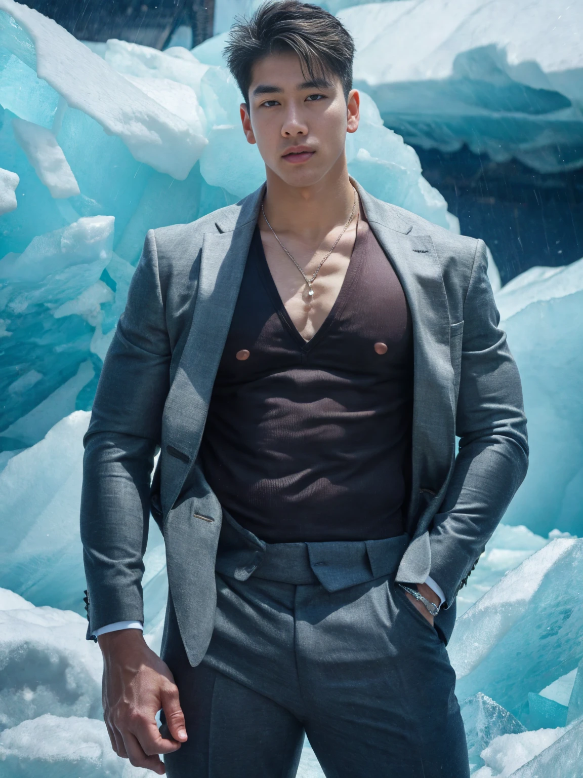 Realistic​ photography​ of a​​​​ korean handsome daddy​, 28 ages​​​ , wearing​ a​ sexy suit, thin​ necklace​, (huge pecs)​​, at​ ice ages​ strom,run cool