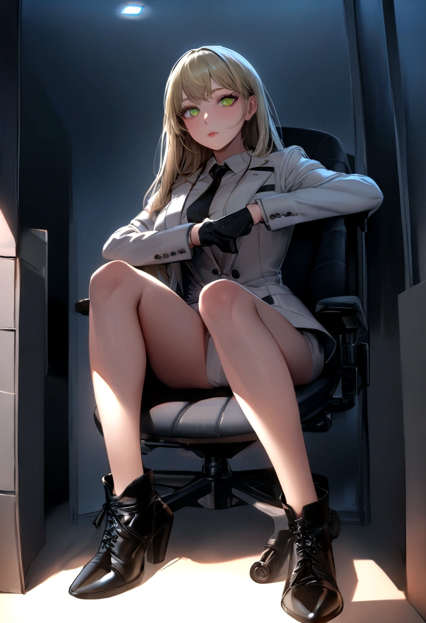 (masterpiece, best quality, ultra detailed, absurd)1.5, appeared to have an appearance of around 28 years old, 1female, (sexy, beautiful woman, golden hair, perfect face, greenish eyes, ultra realistic eyes, well-aligned eyes , upper body, perfect female body, kkw-h-bb)1,5, (dolla \ (nikke\), dolladef, suit, jacket, black gloves, tie, black ankle boots, ), (futuristic, sitting on a office chair inside an office), perfect, soft lighting, hdr