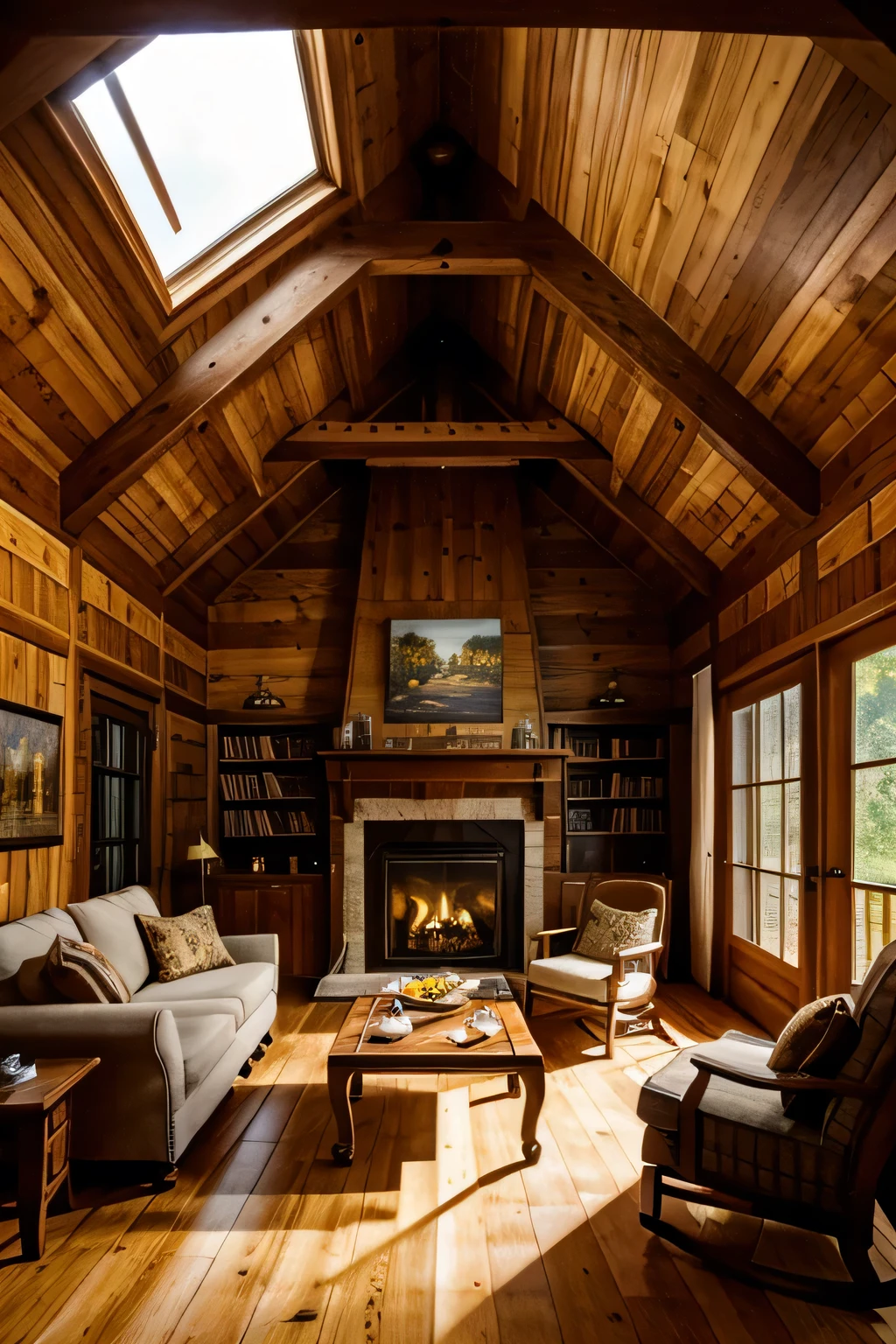 In the wooden house，There is a table，There is barbecue，There are fruits，There are books，TV，Have a gun，With fireplace，There are cats，There are dogs，There is a sofa，Bed，There are murals，There are chandeliers，There are floor-to-ceiling windows，There is a fire，It&#39;s snowing outside，There is wind