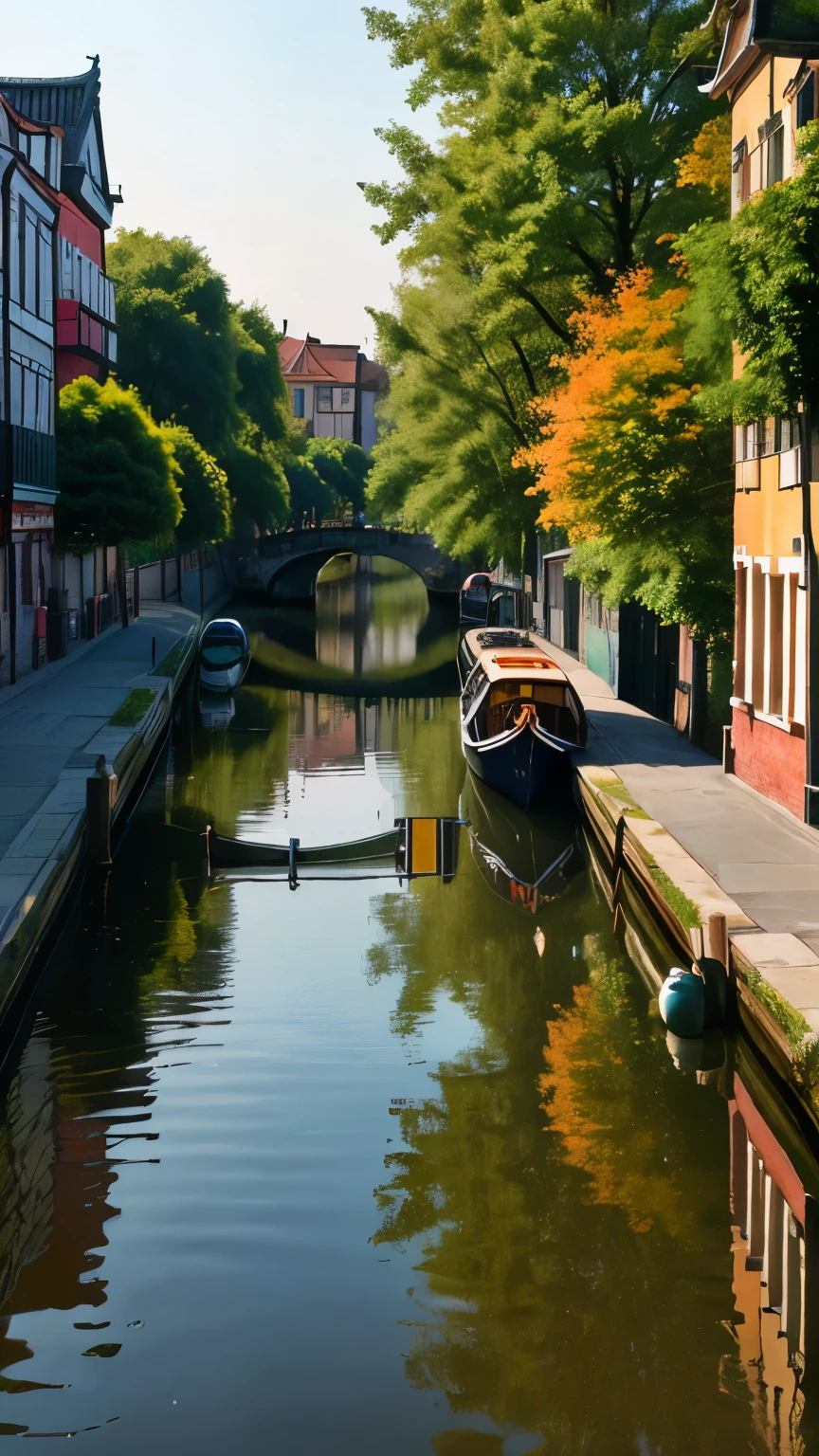 「Canal scenery lined with colorful buildings。The building is pink、yellow、green、Comes in a variety of colors, including orange、Boats are moored on the canal。The vibrant colors of the buildings are reflected on the water, creating a beautiful landscape.。This canal is located in a quiet neighborhood.、It exudes a vivid and attractive atmosphere, almost like a painting.。」