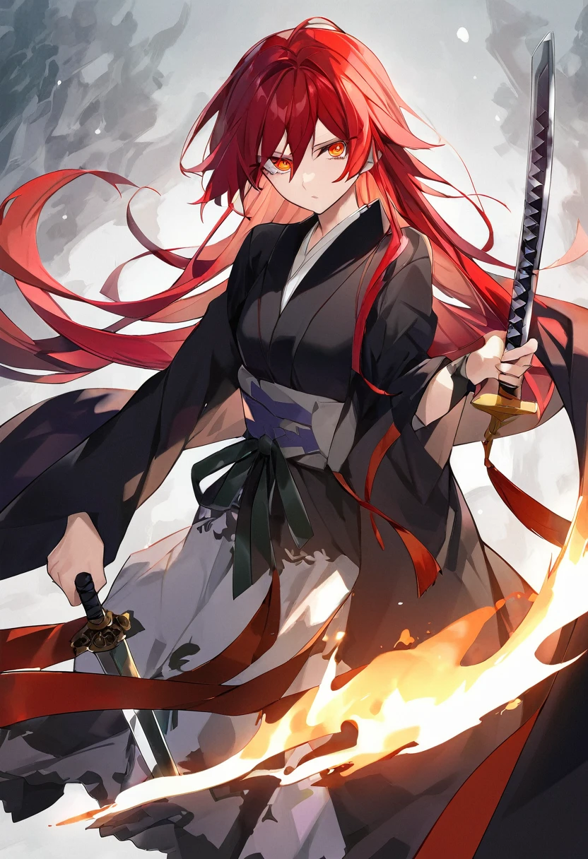 whole body、Red hair、Swordsman、Black robe、Beauty、Young、Burning Eyes