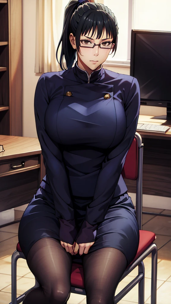 ((Glasses)),(In the office),beauty,OL Cosplay,Big Breasts、Style Batsugun、Nice body、Black Hair、Long Hair、黒pantyhose、skirt、pantyhose、ponytail、Sitting in a chair