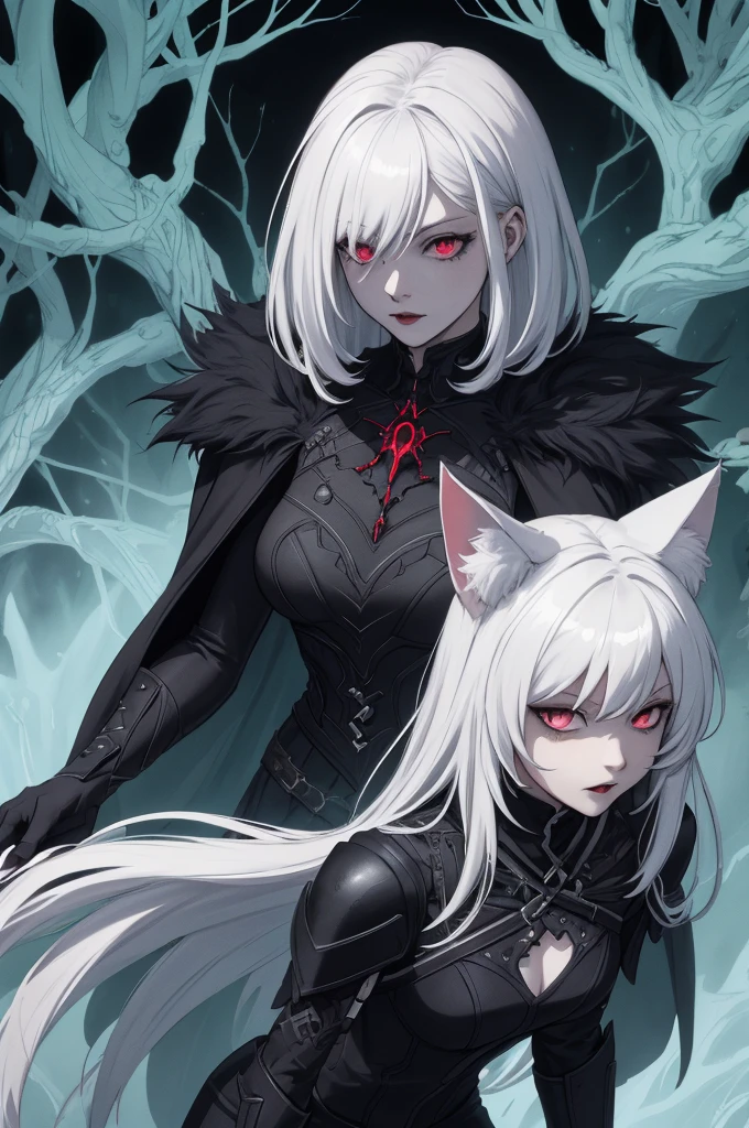 Vampire (neko) Girl with long vampire fangs. tousled short white hair hair. cat pupils in white glowing eyes, cat ears. long vampire fangs, very extremely beautiful, Beautiful face of a young woman. Gothic Necromancer Armor, red, Black pants. grey fur cape, grey fur mantle, many details, Mystical green forest. Semi-fantastic realism. the golden ratio. a lot of details, necromancy, Lots of glowing elements. fantasy style.