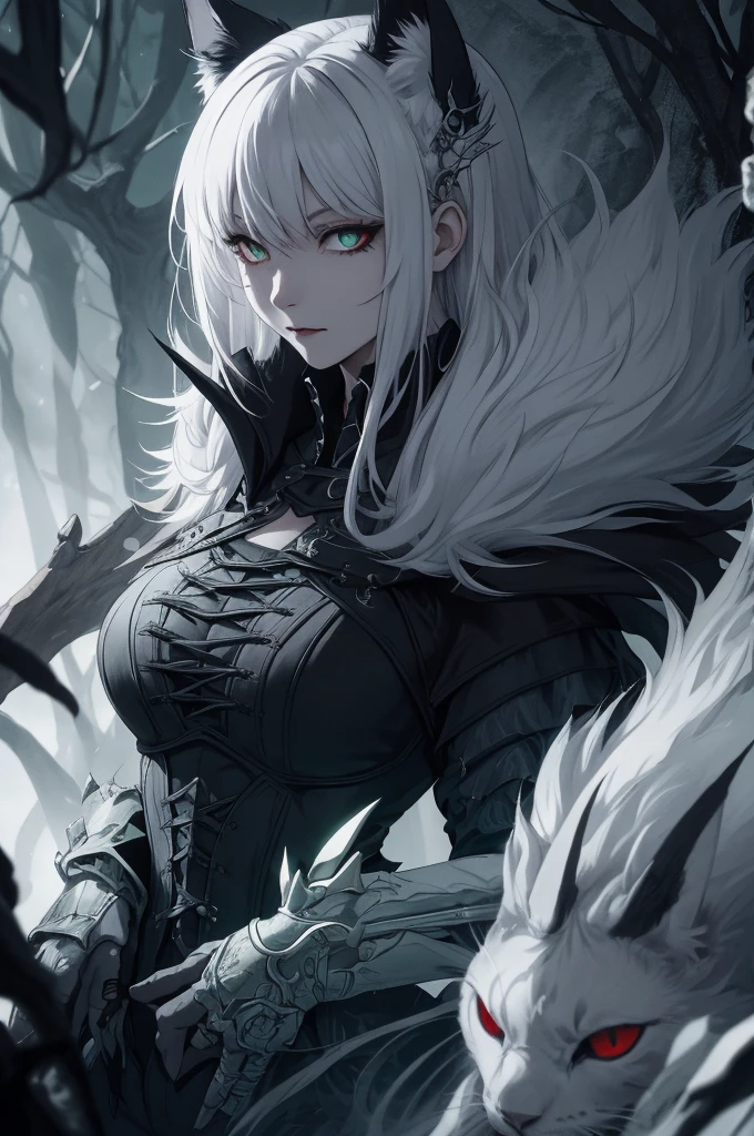 Vampire (neko) Girl with long vampire fangs. tousled short white hair hair. cat pupils in white glowing eyes, cat ears. long vampire fangs, very extremely beautiful, Beautiful face of a young woman. Gothic Necromancer Armor, red, Black pants. grey fur cape, grey fur mantle, many details, Mystical green forest. Semi-fantastic realism. the golden ratio. a lot of details, necromancy, Lots of glowing elements. fantasy style.