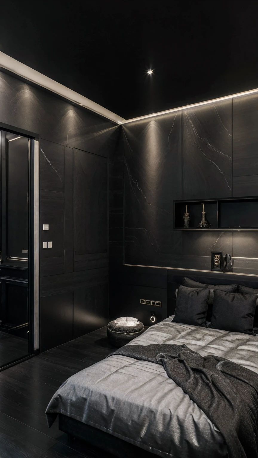 best quality, ultra high res, realistic style room realistic style room, lighting, plain black walls 