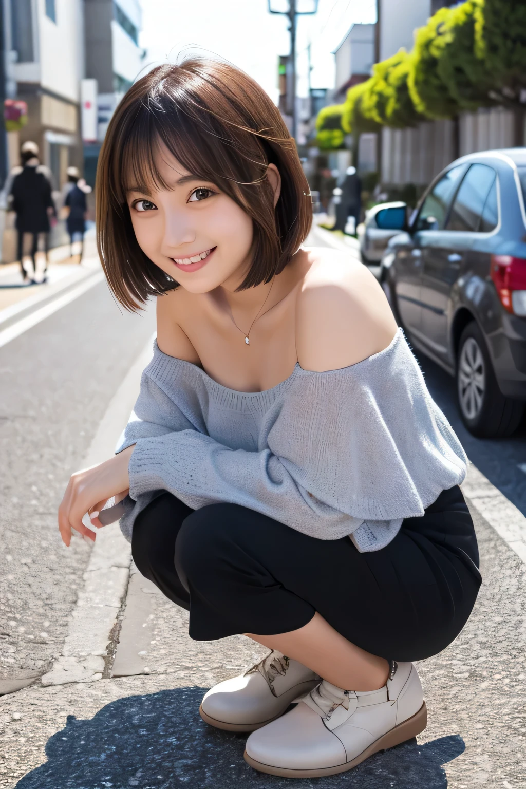 High resolution, Highest quality, Absolute area, Beautifully detailed droopy eyes, Off the shoulder、Shiny Hair、short hair, university student、Asakusa、smile、Crouching