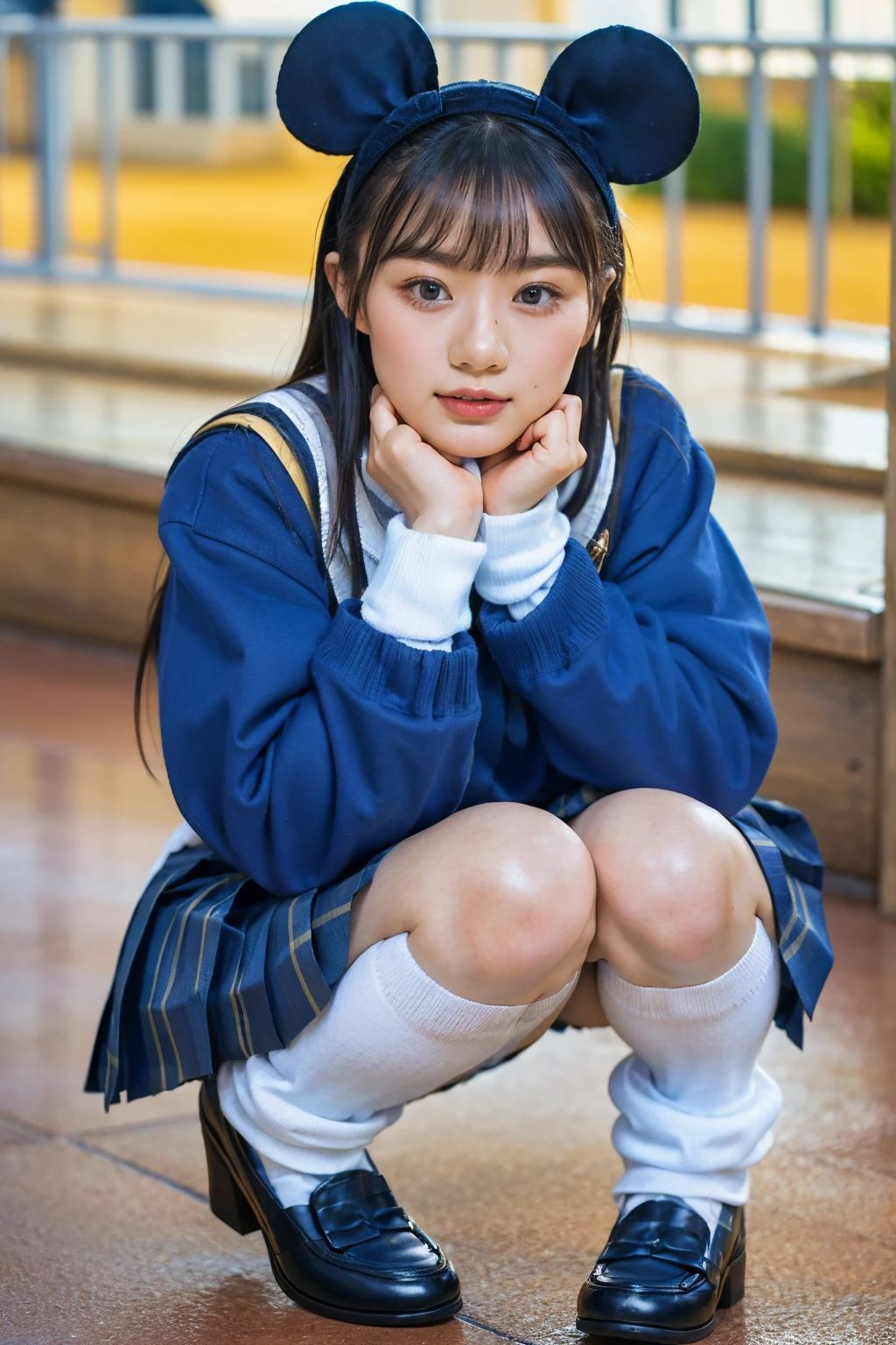 (photorealistic:1.4), best quality, masterpiece, raw 32k photo, (extremely detailed japanese beautiful girl), (extremely detailed eyes:1.2), (baby face),(cute face:1.2), ultra-detailed, ultra high res, amazing, BREAK,squatting,
(school uniform:1.5), (full body:1.2), detailed school girl, (disneyland:1.3), beautiful detailed girl, bangs, cute face, miniskirt,loafers