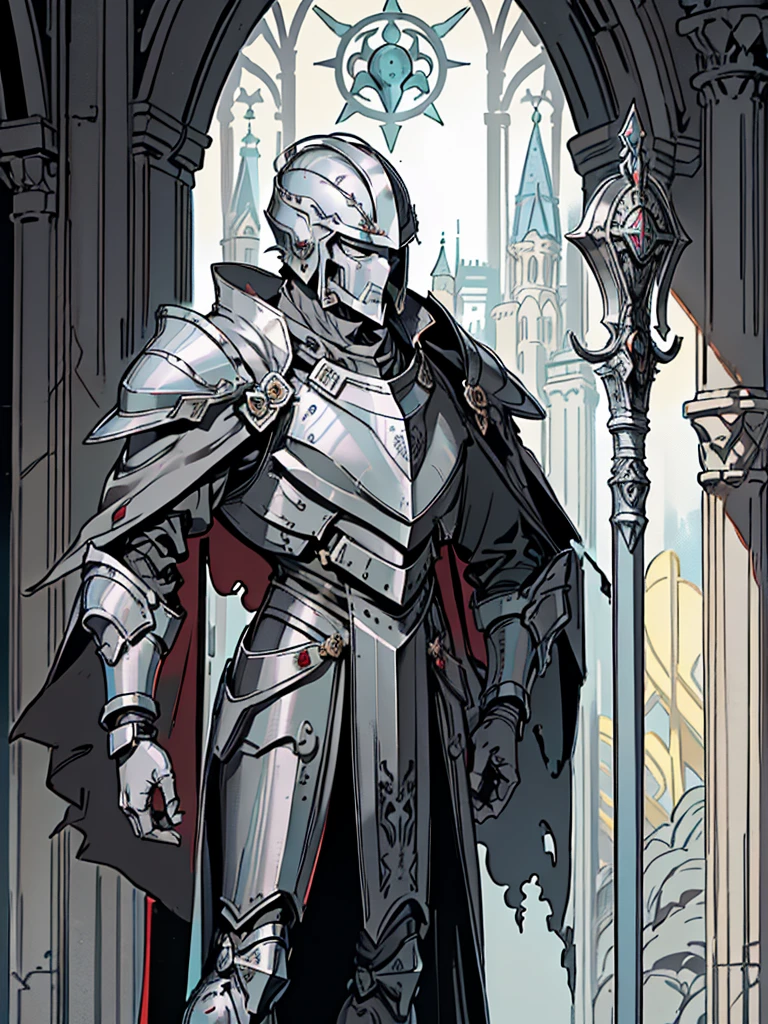 (Flat color:1.1),(Colorful:1.3),(Masterpiece:1.2), tarot: healer, Best quality, Masterpiece, Original, 1 male, ((metal helmet)), silver skin, stern, wide brim hat, cleric robes, holding mace, Full body photo of men，((gray armor)), Very detailed wallpaper, Solo，(dream scenery)，tarot card layout，Best quality, Masterpiece, (Realistic:0.6), Realistic lighting, Flower frame， Decorative panels， abstract artistic， Alphonse Mucha （masterpiece， best quality， A high resolution： 1.4）， A detailed， Complicated details， 4K，cerulean， Line art， Fibonacci, cape, bald, stone, expressionless, robotic, 