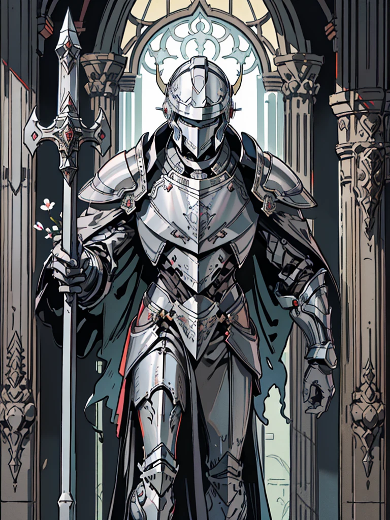 (Flat color:1.1),(Colorful:1.3),(Masterpiece:1.2), tarot: healer, Best quality, Masterpiece, Original, 1 male, ((metal helmet)), silver skin, stern, wide brim hat, cleric robes, holding mace, Full body photo of men，((gray armor)), Very detailed wallpaper, Solo，(dream scenery)，tarot card layout，Best quality, Masterpiece, (Realistic:0.6), Realistic lighting, Flower frame， Decorative panels， abstract artistic， Alphonse Mucha （masterpiece， best quality， A high resolution： 1.4）， A detailed， Complicated details， 4K，cerulean， Line art， Fibonacci, cape, bald, stone, expressionless, robotic, 