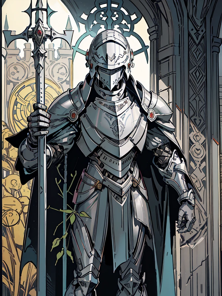 (Flat color:1.1),(Colorful:1.3),(Masterpiece:1.2), tarot: healer, Best quality, Masterpiece, Original, 1 male, ((metal helmet)), silver skin, stern, wide brim hat, cleric robes, holding mace, Full body photo of men，((gray armor)), Very detailed wallpaper, Solo，(dream scenery)，tarot card layout，Best quality, Masterpiece, (Realistic:0.6), Realistic lighting, Flower frame， Decorative panels， abstract artistic， Alphonse Mucha （masterpiece， best quality， A high resolution： 1.4）， A detailed， Complicated details， 4K，cerulean， Line art， Fibonacci, cape, bald, stone, expressionless, robotic, 