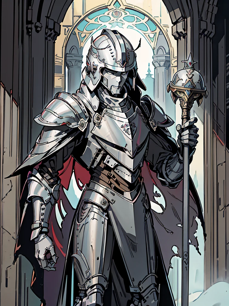 (Flat color:1.1),(Colorful:1.3),(Masterpiece:1.2), tarot: healer, Best quality, Masterpiece, Original, 1 male, ((metal helmet)), silver skin, stern, wide brim hat, cleric robes, holding mace, Full body photo of men，((gray armor)), Very detailed wallpaper, Solo，(dream scenery)，tarot card layout，Best quality, Masterpiece, (Realistic:0.6), Realistic lighting, Flower frame， Decorative panels， abstract artistic， Alphonse Mucha （masterpiece， best quality， A high resolution： 1.4）， A detailed， Complicated details， 4K，cerulean， Line art， Fibonacci, cape, bald, stone, expressionless, robotic, 