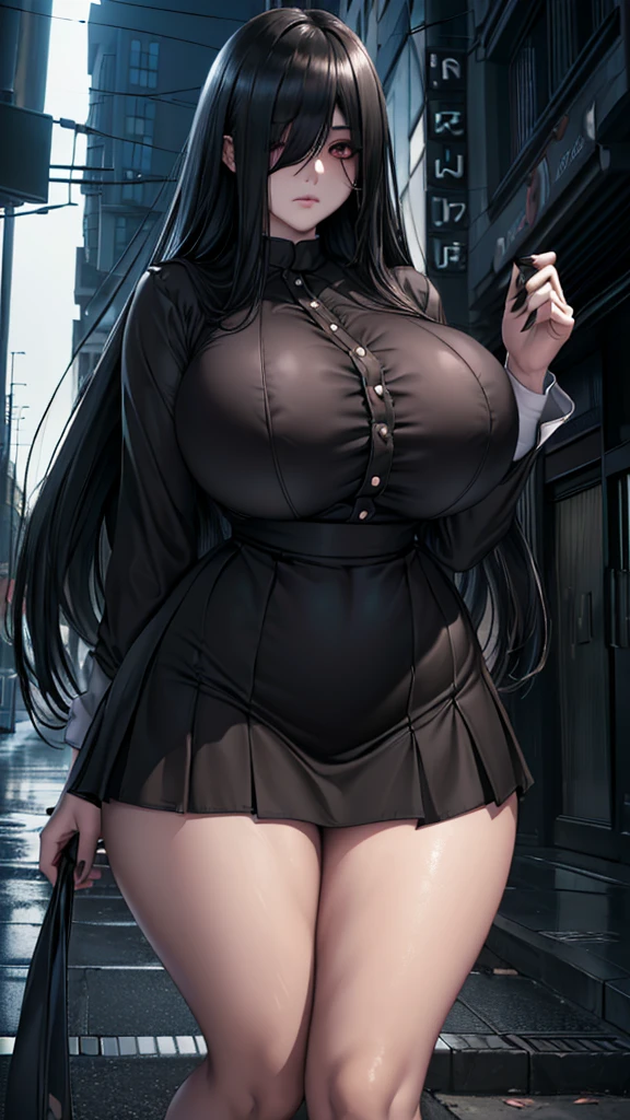 (in 16K、A high resolution、Best Quality、 masuter piece、unreal engine、amine、top-quality、From the thighs up:1.2),(Natural Skin Texture、Detailed skin、Beautiful skin、ultra sharpness),intricate detailes、Extraordinary beauty,(((gigantic breasts,voluptuous body、1 cute woman,20 to 25 years old,adult lady,sadako from the ring,Black nails,))),(an extremely cute and beautiful face:1.2),(((big eyes,sharp eyes,eye bags,eyelash extension,pale skin,black hair,very long straight hair,bottomless,Landmine fashion))),(solo,hair over oen eye,empty eyes,Expressionless,Tempting,darkness,Dark atmosphere:1.6),(dress shirt,High Waist Skirt:1.4),(Are standing,Late Night,bustling street,dim:1.5),