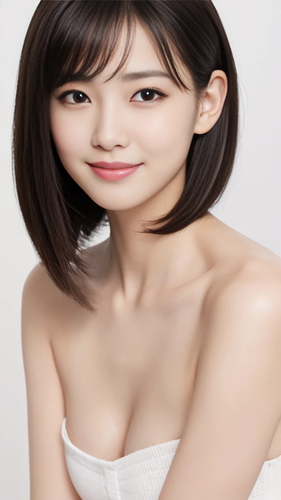 ((masterpiece, Highest quality, High resolution)), 1 Girl, (Realistic: 1.4), alone, White Background, snow-White Background, Mouth closed, Smile, Smile, Beautiful black hair, short hair, Big eyes, Transparent double eyelids, eyelash, Listen carefully, Long neck, Long neck, Absolute area, ((Face close-up)), (Draw the whole head, shoulder), 30 years old, Attractive proportions, Shiny skin, Beautiful collarbone, A face of golden proportions, Perfect Face, Teardrop-shaped moles, Mole on chest, bangs, clean bangs, beautiful bangs, Lip gloss, Thin lips, Pale skin, naked, Small breasts, Small face, Small face, All the heads are painted, shoulder all drawn, Look slightly up and into the camera,smile、