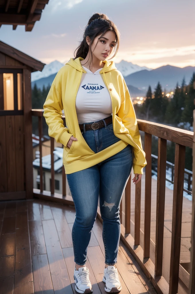 Beautiful sensual woman with a curvy body, long hair, bangs, french braid, wide waist, fitting breasts, curvy accentuated booty, sparkling eyes, long eyelashes, Strong calves, shy Look, taniaayusiregar, She wears a hoodie, jeans, yellow belt, sneakers, leaning against the railing of a porch of a Mountain hut, evening in Winter, photorealistic, Masterpiece, bokeh, Volumetric lighting, winter season atmosphere, full body shot from the side
