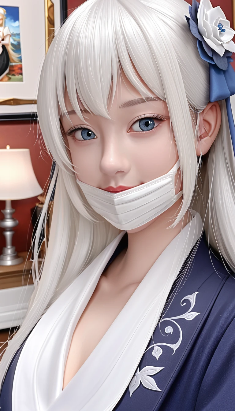 Close-up of a white-haired woman wearing a white mask, Beautiful character painting, Gu Weiss, artwork in the style of Gu Weiss, White-haired deity, author:Yang J, Epic and beautiful character art, Stunning character art, author:Fan Qi, by Wuzhun Shifan, Gu Weiss on pixiv artstation