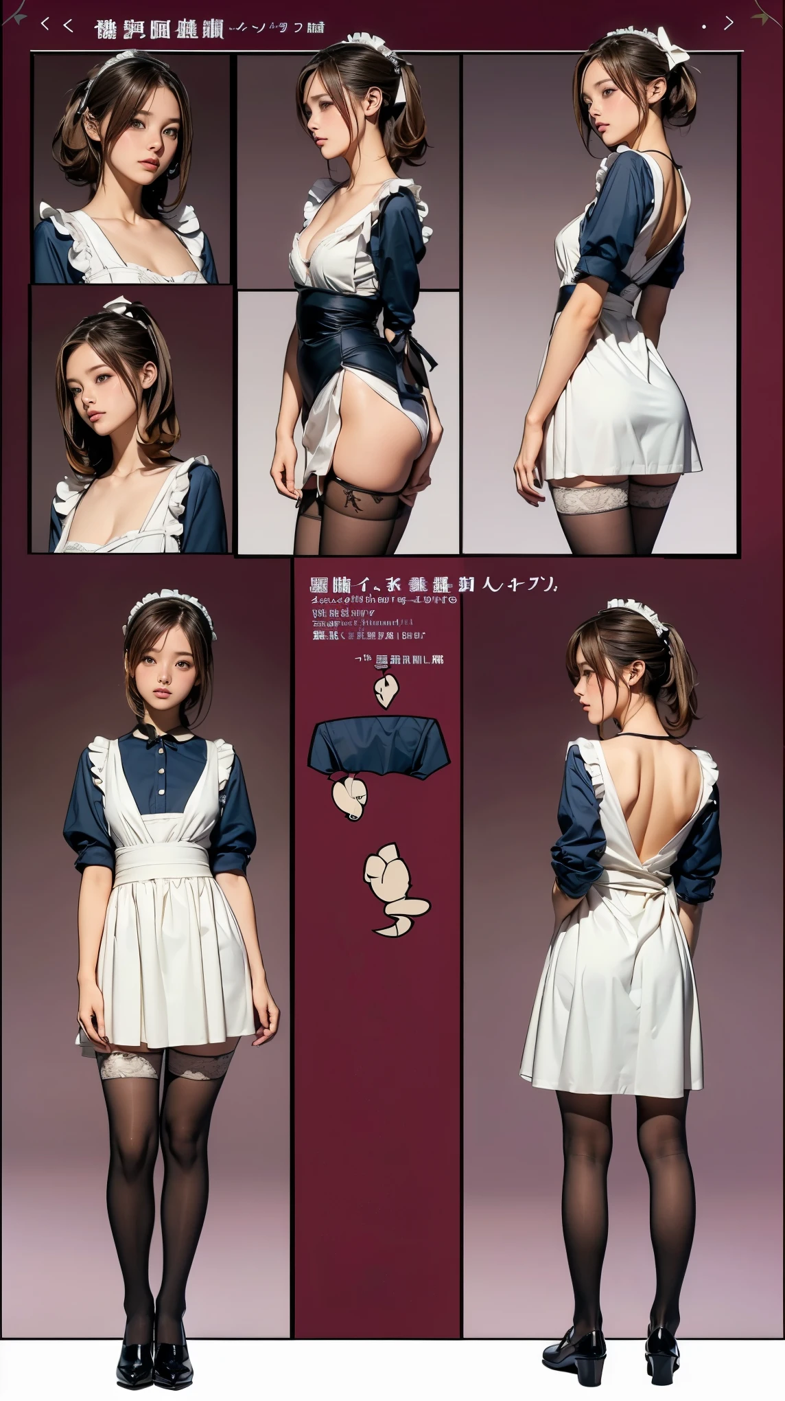 ((masterpiece)),(((Highest quality))),((Reference Sheet, Character Design, front, return, ~ ~ ~ ~ side, Mr....々Hairstyle, Mr....々performance, Facial Expressions)), , Cute type, (Very slim:1.4), (Very small ass:1.4), Realistic buttocks, Big Breasts, Short Bob, Thin thighs, Long legs, It's not a big deal, ((Dress and stockings, Gorgeous maid, Maid clothes,Hair Ribbon)), ((Browsing Caution:1.0))