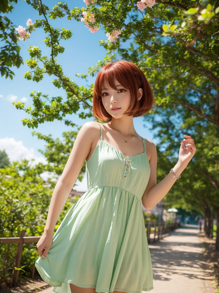 beautiful young woman, anime style, detailed face, red hair, red eyes, delicate features, soft lighting, wearing a summer dress, showing her thighs, standing in a park, vibrant greenery, clear blue sky, flowers in bloom, relaxed expression, dynamic pose, Japanese anime style, high quality, highly detailed, 8k resolution, cinematic lighting, best quality, vibrant colors, Instagrammable, aesthetic, trendy