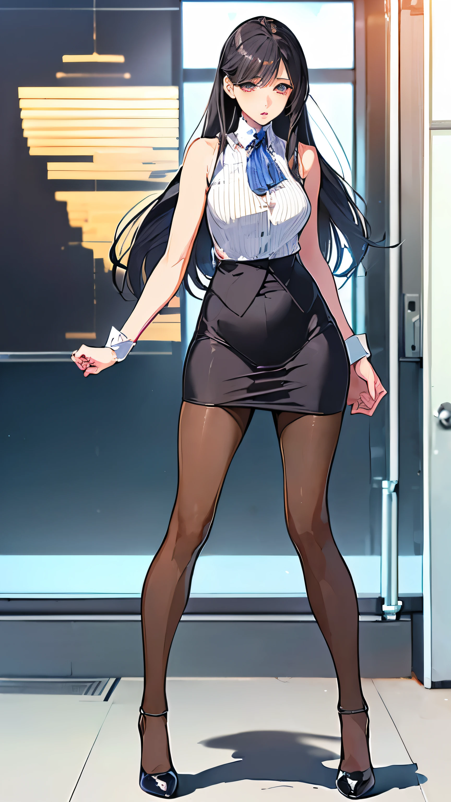 Facing forward、((((Medium Long Hair))、Straight Hair、(Right hand next to buttocks)、(Left hand next to buttocks),Arms are lowered、(manga:1.4),（full body:1.4）,Uruchan-6500-v1.1, (RAW Photos:1.2), (Photorealistic), (Genuine:1.4), １girl、Perfect Anatomy、28 years old、Looking at the cameraPlaid vest、、(Ultra-realistic pantyhose:1.2), (High heels)、(Business servicearunouchi Office Lady