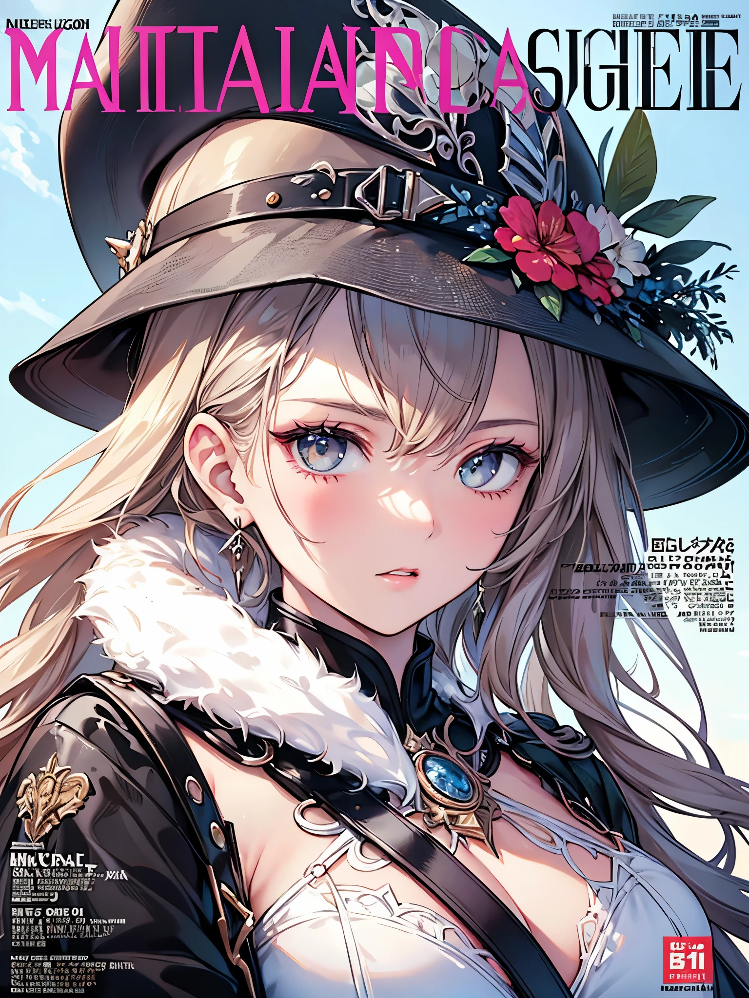 ((Highest quality)),(Ultra-high resolution),(Very detailed),(Detailed Description),((The best CG)),(A masterpiece),Ultra-detailed art,Amazing painting art,(Contemporary art with precise details:1.5),(Fashion magazine cover:1.8), (1 female fashion model:1.6),(Beautiful and well-proportioned face:1.5),Fashion Leader:1.6,Powerful gaze:1.4,(Wear your hat at an angle:1.3),Cropped tops,