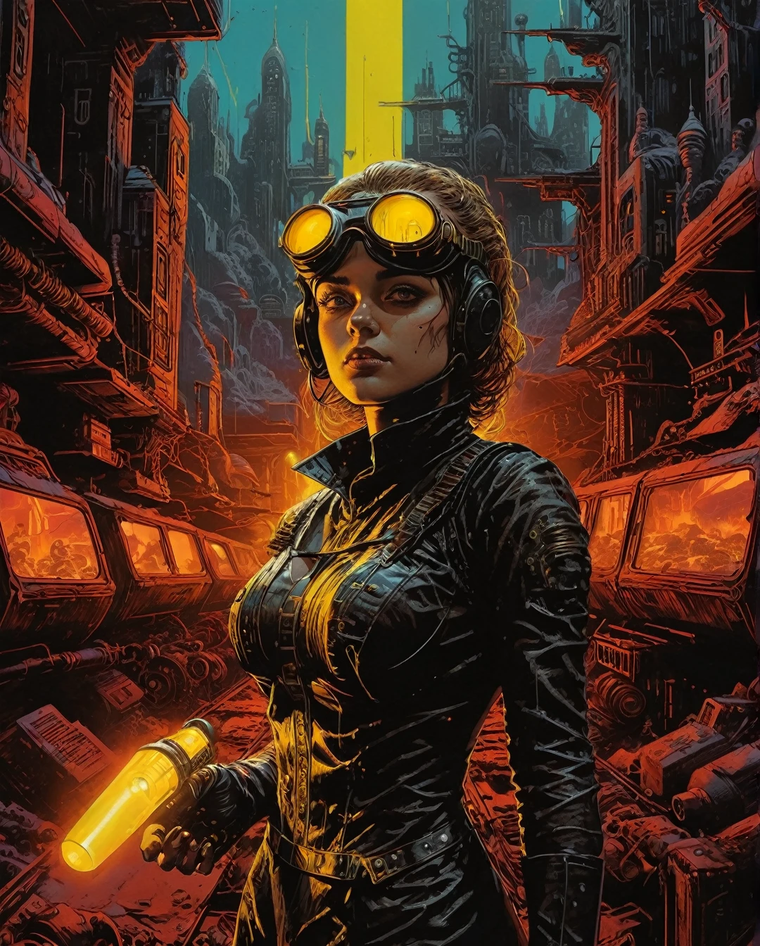 A girl in an atompunk city, wearing a futuristic outfit, with glowing neon lights reflecting on her metallic, high-tech goggles and visor. She is holding a vintage raygun in her hand and standing in front of a retro-futuristic vehicle. The cityscape is filled with towering skyscrapers adorned with art deco designs, and floating advertisements showcasing advanced technology. The streets are bustling with people wearing steampunk-inspired clothing, and there are airships soaring through the sky. The overall scene is bathed in a vibrant color palette, with a mix of cool blues and purples contrasting with the warm hues of the neon lights. The lighting is dramatic and dynamic, casting long shadows and emphasizing the futuristic elements in the scene. The image quality is (best quality, ultra-detailed, realistic:1.37), with sharp focus and vivid colors. The art style is a combination of steampunk and cyberpunk, with intricate details and a sense of technological advancement...., maximalist art, by Moebius and Hariton Pushwagner, (ambient occlusion, masterful, beautiful), poster art, bold lines, hyper detailed, expressive, award winning, (landscape:1.4), (intricate details, masterpiece, best quality:1.4), looking at viewer, dynamic pose, wide angle view, in the style of nicola samori , futuristic style, sleek, ultra modern, high tech, ornate by Moebius and by Marc Simonetti, clean lines, geometric shapes, Minimalist color scheme of red and cyan
mkitdecy, rust, cracks brutalism, style by Tom Jung and Drew Struzan and Tim and Greg Hildebrandt, ((style by artgerm and Greg Manchess and Ilya Kuvshinov))