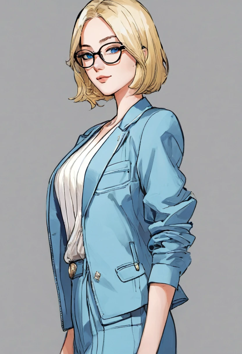 divine beautiful girl, beautiful face, solo, full body, standing, medium bob cut blonde hair, light blue eyes, two points glasses, medium breasts, blue opened short jacket, white blouse, white long pleats skirt, blue high heels, soft smile, pinch one's glasses, perfect hands and perfect fingers, black background, no background, pastel 2d art, matte painting, anime, masterpiece