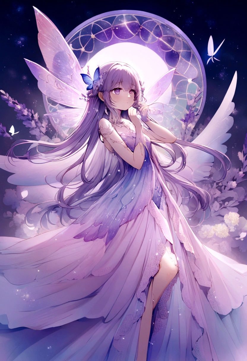 fully body view whimsical cute fairy ris Dreamwhisper exudes a dreamy, otherworldly beauty with her long, flowing hair in shades of lavender and soft pink, adorned with tiny blossoms and sparkling fairy dust. Her wings are delicate and translucent with hues of pastel purples, blues, and pinks, resembling the wings of a butterfly, with intricate, dreamy patterns. She wears a dress made of soft, multi-colored petals, in shades of lavender, blue, and pink, giving her an ethereal and magical appearance. Her eyes are a mesmerizing lavender, filled with dreams and wonder. Iris's skin has a faint, pearlescent glow, as if she’s bathed in the light of a full moon. She carries a slender wand made of silver and adorned with a glowing amethyst, which she uses to weave dreams and communicate with the creatures of the night. She is often accompanied by a small, magical dragonfly with wings that glisten in the moonlight. The background is a mystical meadow filled with softly glowing flowers and the light of a full moon illuminating the scene.