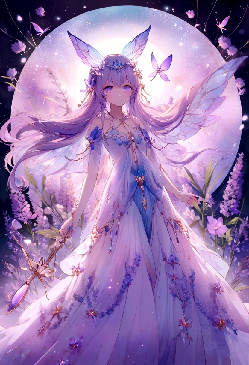 fully body view whimsical cute fairy ris Dreamwhisper exudes a dreamy, otherworldly beauty with her long, flowing hair in shades of lavender and soft pink, adorned with tiny blossoms and sparkling fairy dust. Her wings are delicate and translucent with hues of pastel purples, blues, and pinks, resembling the wings of a butterfly, with intricate, dreamy patterns. She wears a dress made of soft, multi-colored petals, in shades of lavender, blue, and pink, giving her an ethereal and magical appearance. Her eyes are a mesmerizing lavender, filled with dreams and wonder. Iris's skin has a faint, pearlescent glow, as if she’s bathed in the light of a full moon. She carries a slender wand made of silver and adorned with a glowing amethyst, which she uses to weave dreams and communicate with the creatures of the night. She is often accompanied by a small, magical dragonfly with wings that glisten in the moonlight. The background is a mystical meadow filled with softly glowing flowers and the light of a full moon illuminating the scene.