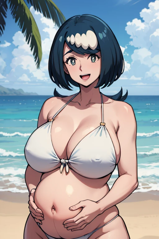 masterpiece, Highest quality, Lana Mather, White eyes, Long Hair, hair ornaments,White Bikini, Upper Body, Big Breasts, clavicle, (Off the shoulder:0.4), Mature Woman, Wide Hips, Show Viewer, smile, Beach, Palm tree, Promenade, Open your mouth, Happy、Pregnant women