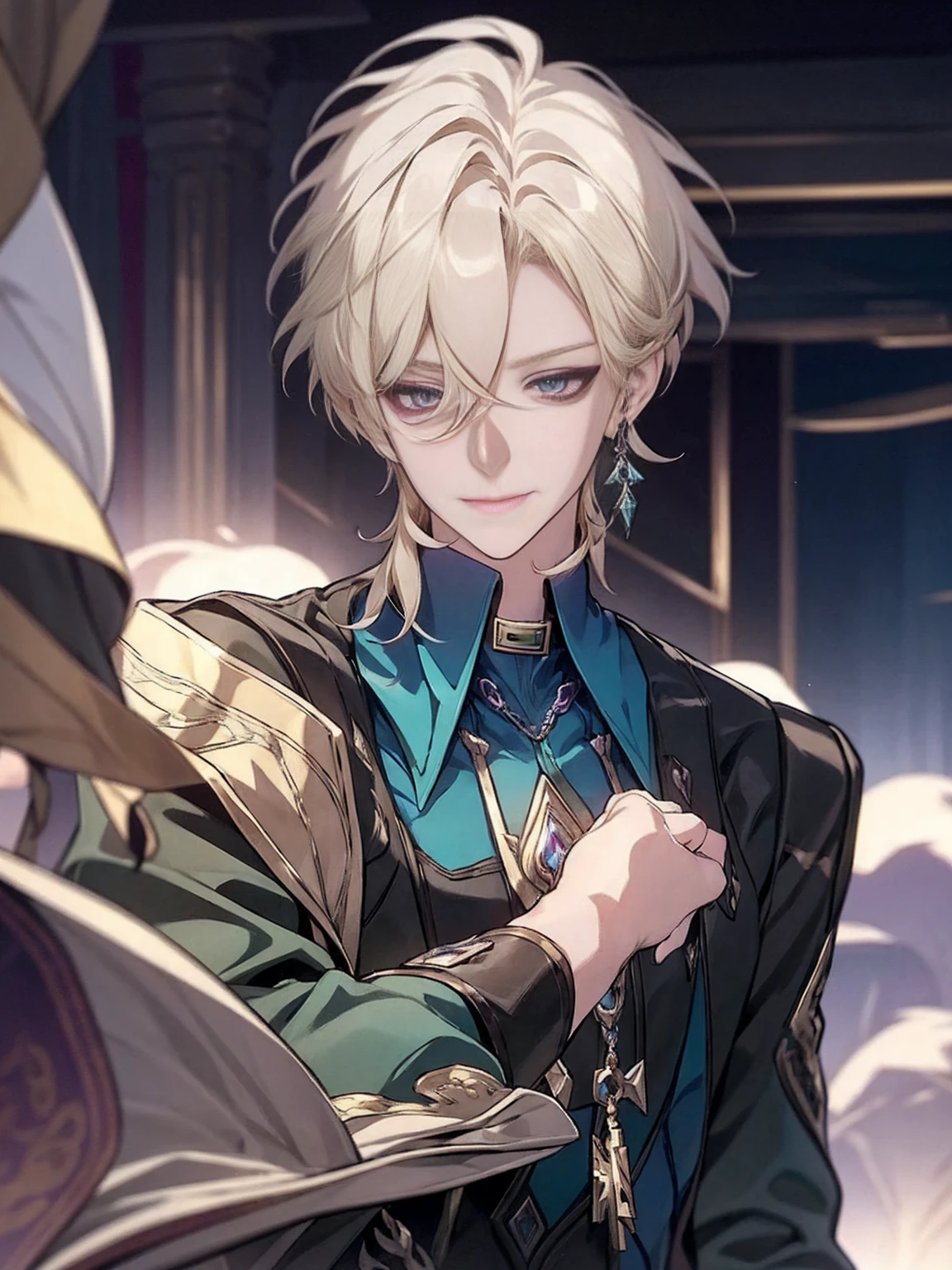 casimir art, beautiful androgynous prince, key anime art, delicate androgynous prince, detailed key anime art, anime key visual of elegant, key anime visuals, Side face, masterpiece, best quality,solo,1boy,hair ornament, jewelry,feather hair ornament, black background, blonde hair, aventurine honkai star rail1boy, aventurine, blonde hair, gorgeous, medium hair, (two-tone eyes, purple eyes, blue eyes), best quality, high resolution, materpiece, very detailed, male focus, simple BG, cinematic lighting, smile, Quality,1boy,matured male,Beautiful face, yellow light