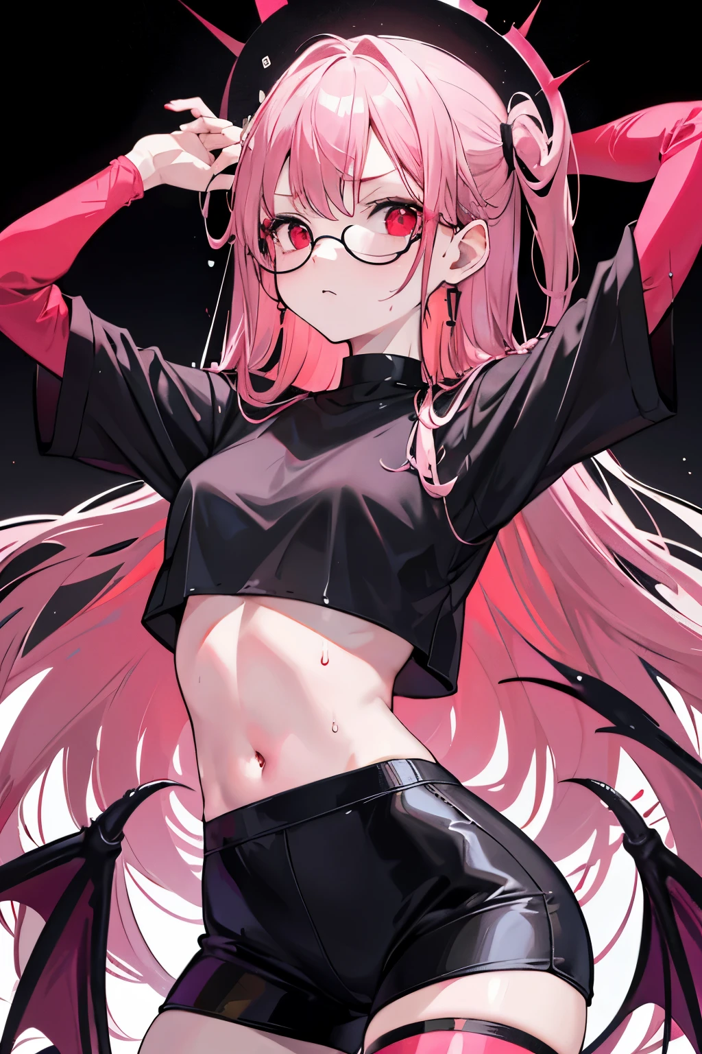 underdressing,Expression of disgust,Expression of disgust,Red Eyes,Sweat,Soaked,liquid,transparent,Cropped tops,succubus,pink,stocking,Glasses,Black pantyhose,Buttocks close-up