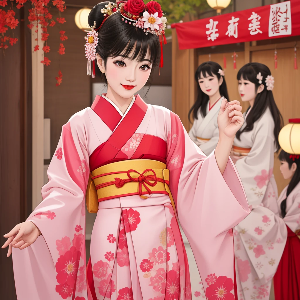 7 sisters, 7 girls with different faces and expressions, dancing gracefully, small faces, top quality, masterpieces, black hair, bun hair, wide angle, diagonally above the waist, magazine cover pose, 8K high resolution, Masterpiece, high resolution, realistic and beautiful light and shadow, top quality, high resolution, very delicate and beautiful, beautiful 8K face, smile and smile. Seven beautiful Japanese girls with eyes, transparent skin, soft hair, eight heads, Japanese style kimonos with red, pink and orange floral patterns on a white background, yukatas, small faces, thin and small noses, red lipstick , glossy skin, very thin eyebrows, overall super high resolution, Maiko-style makeup, fair skin, long and beautiful eyelashes, glossy skin, red cheeks, holding a flower hat prop in one hand, dance, Kasa Odori, Kasanihi Odori, Japan Dance, festival, movie poster style