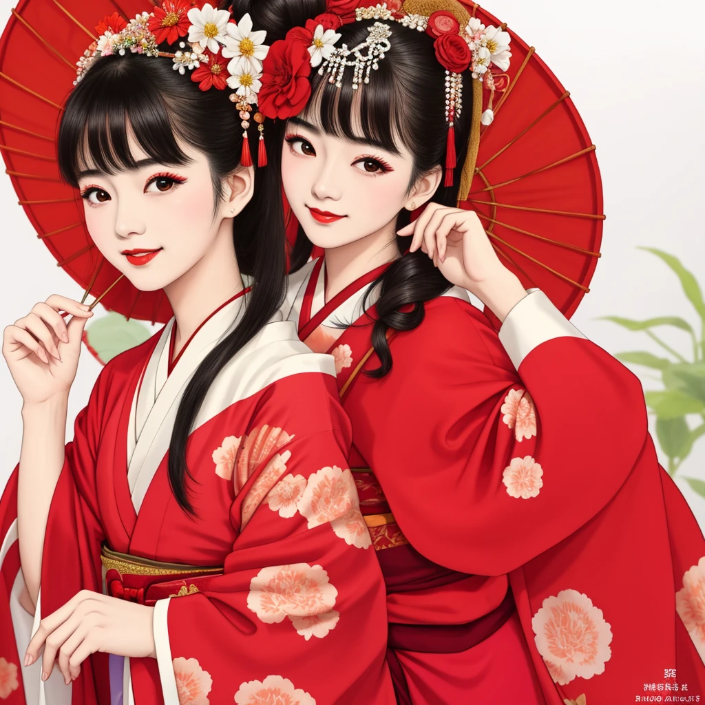 7 sisters, 7 girls with different faces and expressions, dancing gracefully, small faces, top quality, masterpieces, black hair, bun hair, wide angle, diagonally above the waist, magazine cover pose, 8K high resolution, Masterpiece, high resolution, realistic and beautiful light and shadow, top quality, high resolution, very delicate and beautiful, beautiful 8K face, smile and smile. Seven beautiful Japanese girls with eyes, transparent skin, soft hair, eight heads, Japanese style kimonos with red, pink and orange floral patterns on a white background, yukatas, small faces, thin and small noses, red lipstick , glossy skin, very thin eyebrows, overall super high resolution, Maiko-style makeup, fair skin, long and beautiful eyelashes, glossy skin, red cheeks, holding a flower hat prop in one hand, dance, Kasa Odori, Kasanihi Odori, Japan Dance, festival, movie poster style