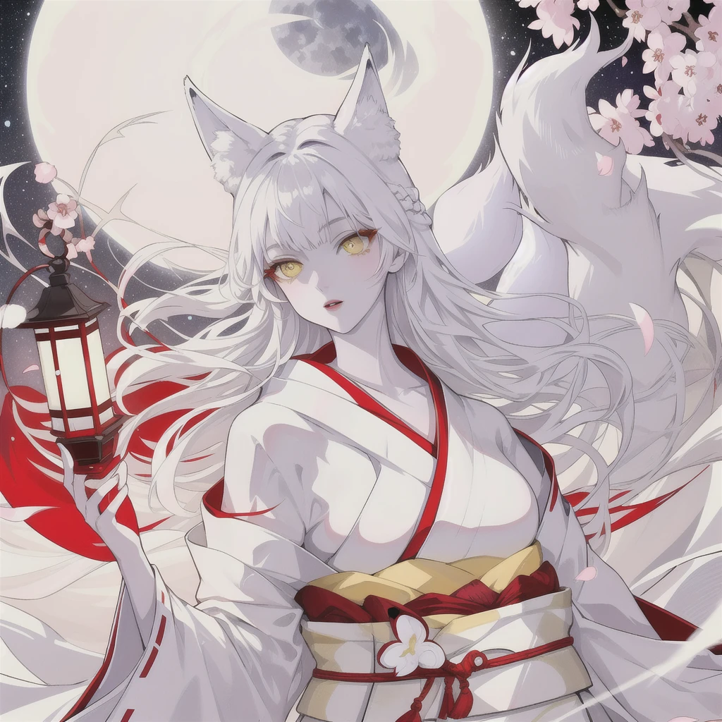 (masterpiece, top quality, best quality, official art, white skin, beautiful and aesthetic:1.2), (1girl), (detailed yellow eyes), extreme detailed eyes, (perfect face), (white kimono with red lines:1.3), dynamic pose, (colorful), highest detailed, intricate, (perfect face), shiny skin, (white fox), (sakura petal), cinematic light, high contrast, full moon, (starry sky background:1.3), (floating lantern:1.2)