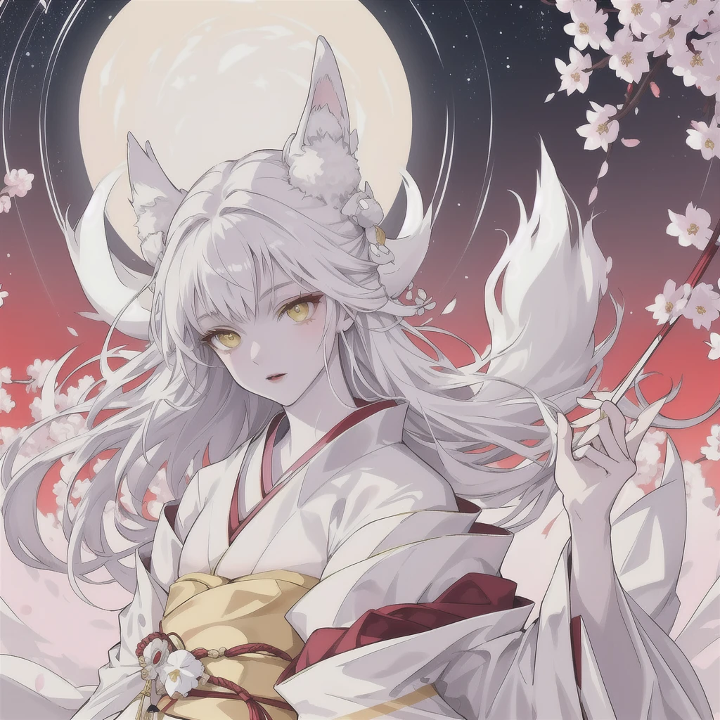 (masterpiece, top quality, best quality, official art, white skin, beautiful and aesthetic:1.2), (1girl), (detailed yellow eyes), extreme detailed eyes, (perfect face), (white kimono with red lines:1.3), dynamic pose, (colorful), highest detailed, intricate, (perfect face), shiny skin, (white fox), (sakura petal), cinematic light, high contrast, full moon, (starry sky background:1.3), (floating lantern:1.2)