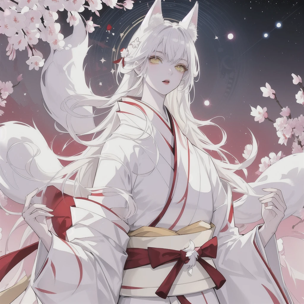 (masterpiece, top quality, best quality, official art, white skin, beautiful and aesthetic:1.2), (1girl), (detailed yellow eyes), extreme detailed eyes, (perfect face), (white kimono with red lines:1.3), dynamic pose, (colorful), highest detailed, intricate, (perfect face), shiny skin, (white fox), (sakura petal), cinematic light, high contrast, full moon, (starry sky background:1.3), (floating lantern:1.2)