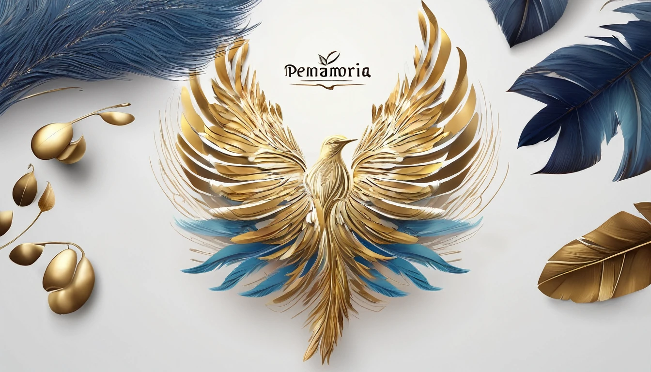 Create a flat vector, illustrative-style wordmark logo design for a storytelling and musical brand named 'Penamemoria'. The 'M' in 'Penamemoria' is transformed into a stylized feather, suggesting the brand's inspiration from fantasy birds. Use shades of blue, white and gold, evoking the imaginary and golden memories against a white background. Do not show any realistic photo detail shading. Include a boy playing acoustic guitar and a fantasy, unique feather by his side. Create a modern, logo that convey a sense of storytelling, dreaming and stories.