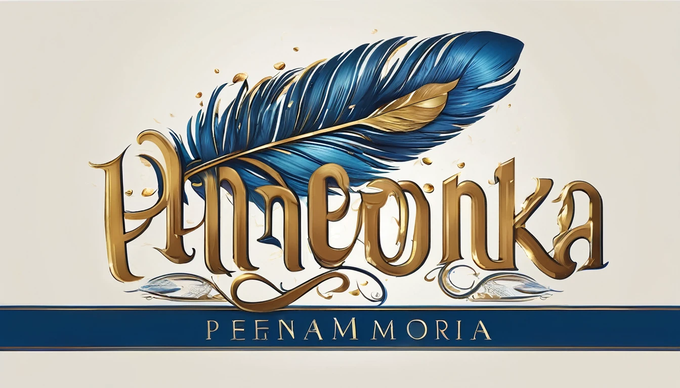 Create a flat vector, illustrative-style wordmark logo design for a storytelling and musical brand named 'Penamemoria'. The 'M' in 'Penamemoria' is transformed into a stylized feather, suggesting the brand's inspiration from fantasy birds. Use shades of blue, white and gold, evoking the imaginary and golden memories against a white background. Do not show any realistic photo detail shading. Include a boy playing acoustic guitar and a fantasy, unique feather by his side. Create a modern, logo that convey a sense of storytelling, dreaming and stories.
