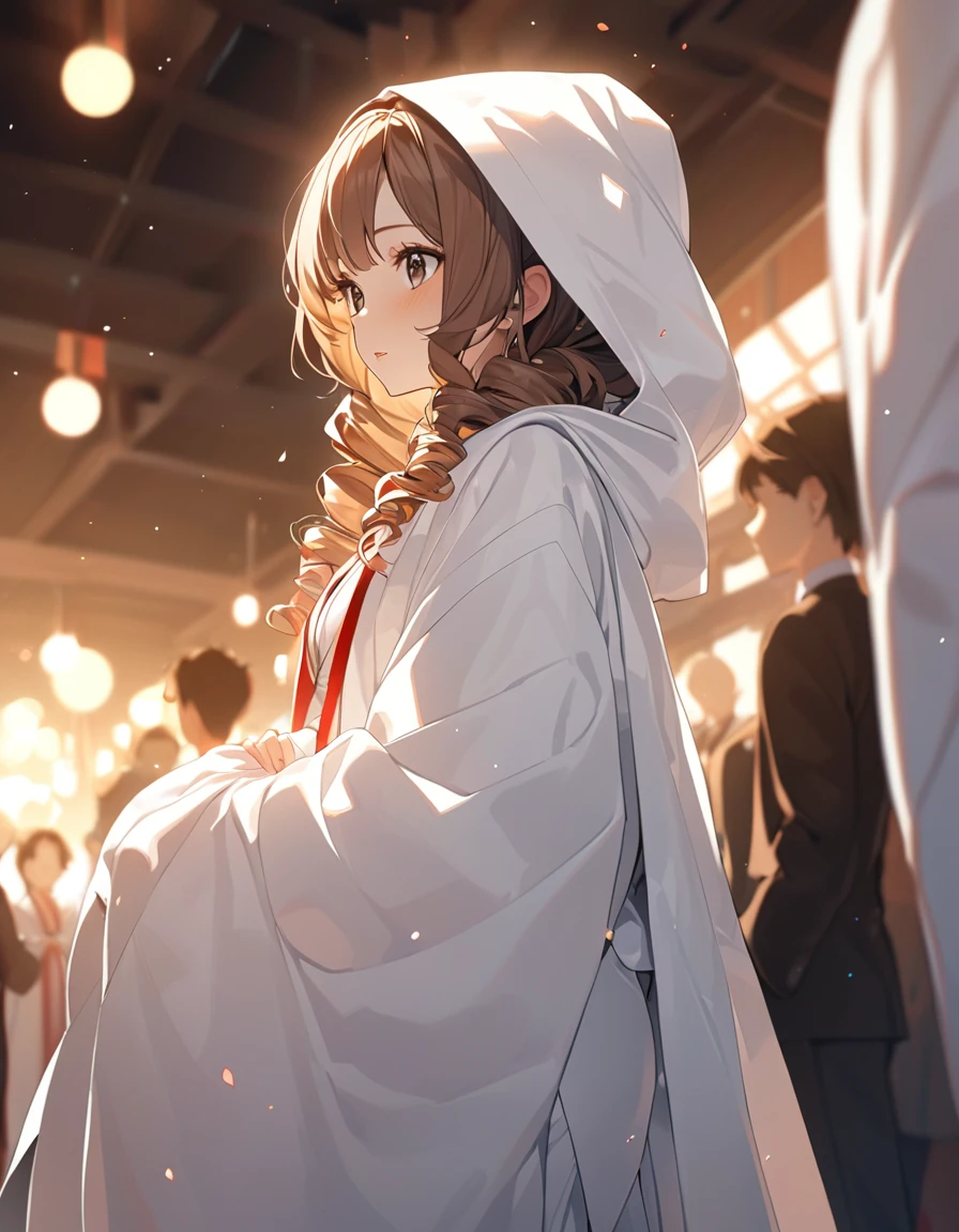 8k, Highest quality, masterpiece, Wallpapers by Unity 8k, (One Girl) , 、 Perfect detail, (Best lighting) , (非常にComplexディテール)、(One Girl),cute、Big eyes、masterpieceサイドライト、masterpiece、Highest quality、detailed、High resolution illustrations),throw、Soft focus ground bokeh、Brown Hair、short hair、Wavy Hair、Curly Hair、Low Twintails、非常にdetailed, Complex,Small breasts、 white kimono,wedding,wataboushi,uchikake,standing,white hood,from behind, from below
