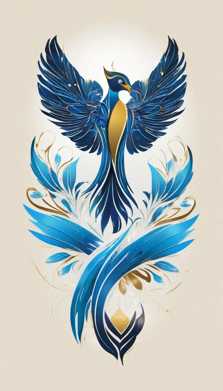 Create a flat vector, illustrative-style wordmark logo design for a storytelling and musical brand named 'Penamemoria'. The 'M' in 'Penamemoria' is transformed into a stylized feather, suggesting the brand's inspiration from fantasy birds. Use shades of blue and gold, evoking the imaginary and golden memories against a white background. Do not show any realistic photo detail shading. Include a boy playing acoustic guitar