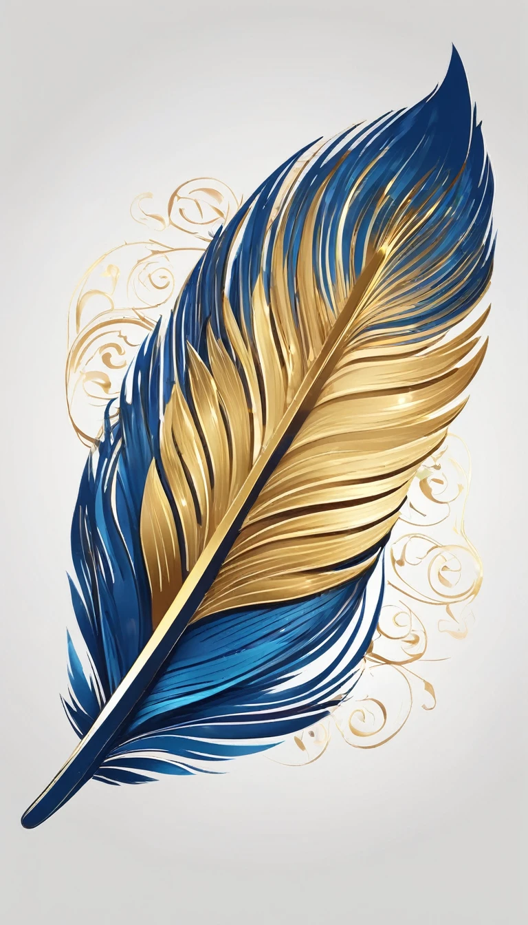 Create a flat vector, illustrative-style wordmark logo design for a storytelling and musical brand named 'Penamemoria'. The 'M' in 'Penamemoria' is transformed into a stylized feather, suggesting the brand's inspiration from fantasy birds. Use shades of blue and gold, evoking the imaginary and golden memories against a white background. Do not show any realistic photo detail shading. Include a boy playing acoustic guitar