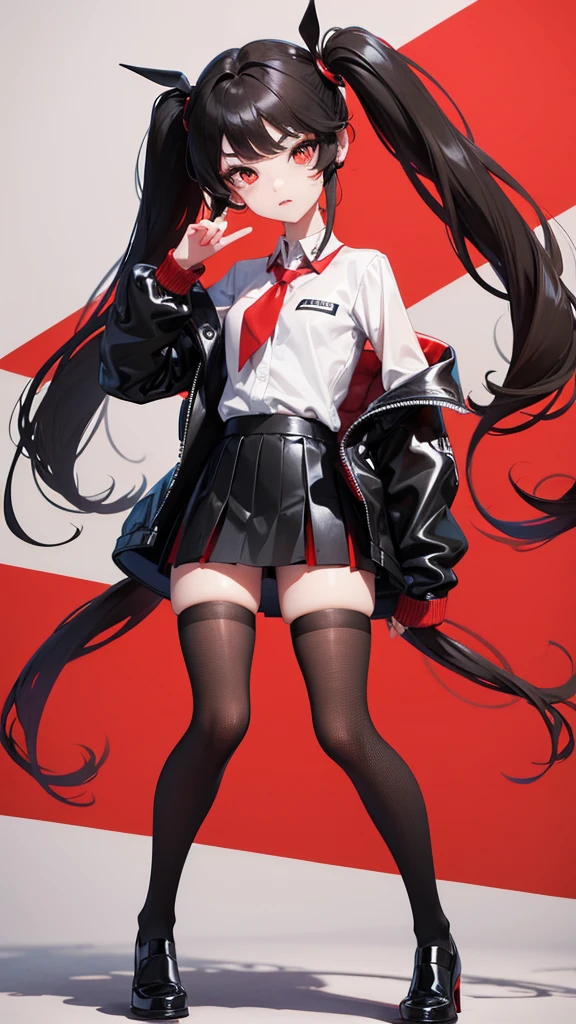 girl in a short skirt in knee-length stockings, red-black hair,Twin Tail, full height, 3D wallpaper.