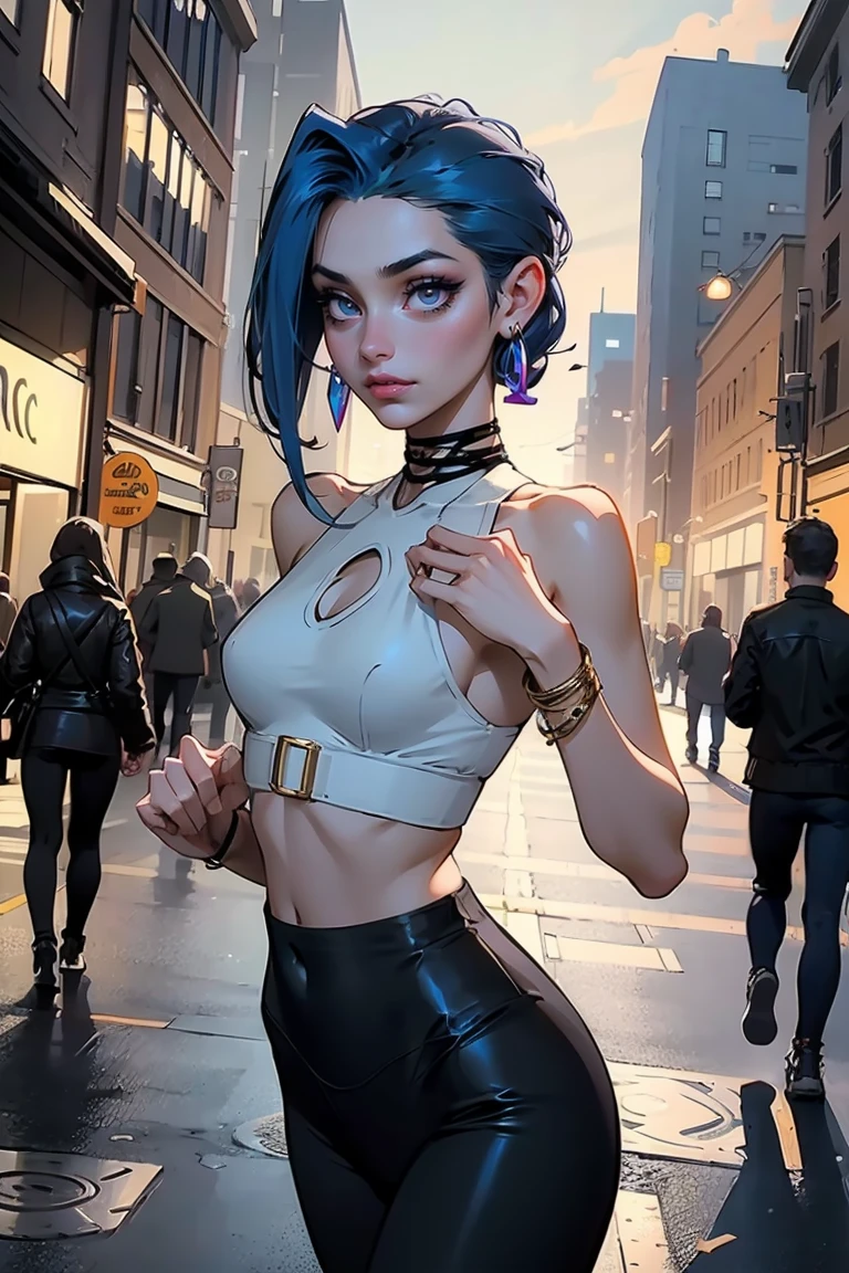 Goddess ((goddess-like woman)), slim elegant silhouette, masterpiece, (close angle), best quality, pale skin, fair skin, sweet face, (masterpiece:1,2, best quality), (real picture, intricate details), (1 lady , solo, medium tits, slim waistline, ), ((Jinx/LOL)), a woman short hair, darkblue hair, brown eyes, she has an impressive presence., short hair, bracelet, hoop earrings, jewelry, beautiful face, beautiful eyes, she looks at the viewer, She is wearing a golden sport BH and a black leggings, sweet irresistible smile, elegant pose, elegant hands, beautiful hands, perfect fingers, background: background: city, streets, park, She walks towards the viewer
