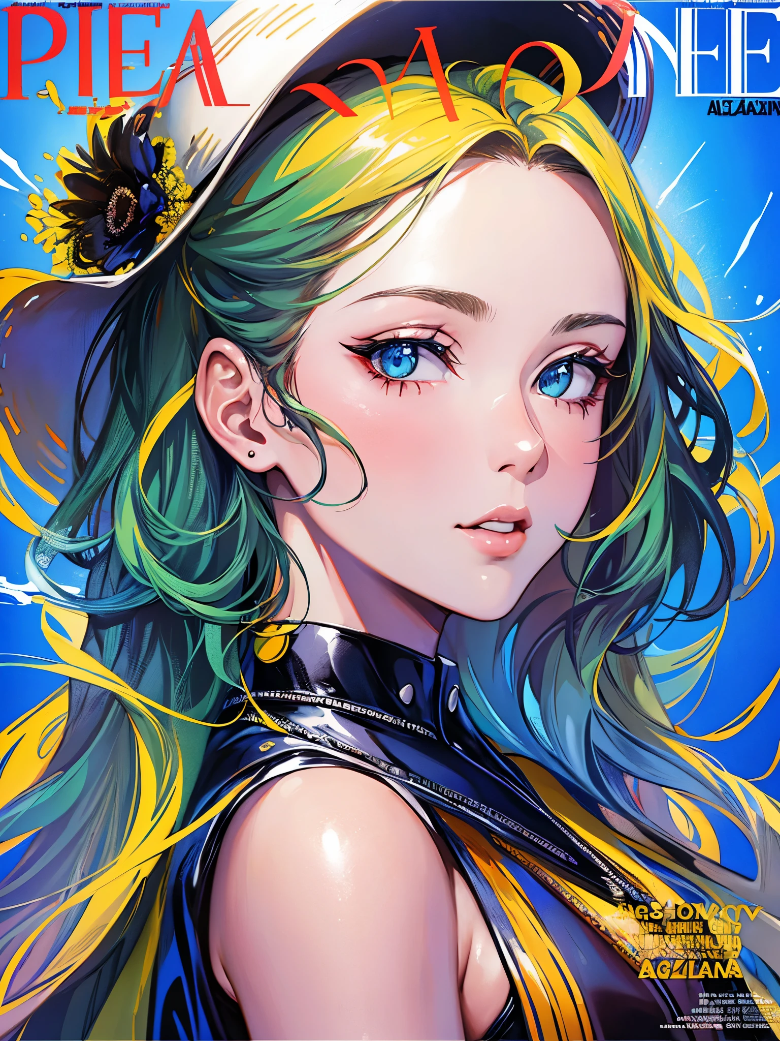 ((Highest quality)),(Ultra-high resolution),(Very detailed),(Detailed Description),((The best CG)),(A masterpiece),Ultra-detailed art,Amazing painting art,(Contemporary art with precise details:1.5),(Fashion magazine cover:1.8), (1 female fashion model:1.6),(Beautiful and well-proportioned face:1.5),Fashion Leader:1.6,Powerful gaze:1.4,(Wear your hat at an angle:1.3),Cropped tops,