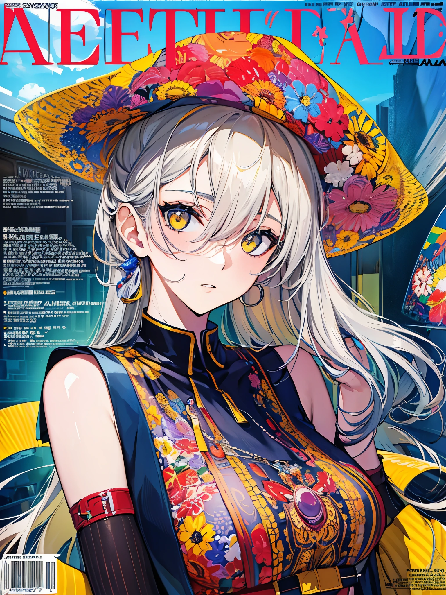 ((Highest quality)),(Ultra-high resolution),(Very detailed),(Detailed Description),((The best CG)),(A masterpiece),Ultra-detailed art,Amazing painting art,(Contemporary art with precise details:1.5),(Fashion magazine cover:1.8), (1 female fashion model:1.6),(Beautiful and well-proportioned face:1.5),Fashion Leader:1.6,Powerful gaze:1.4,(Wear your hat at an angle:1.3),Cropped tops,