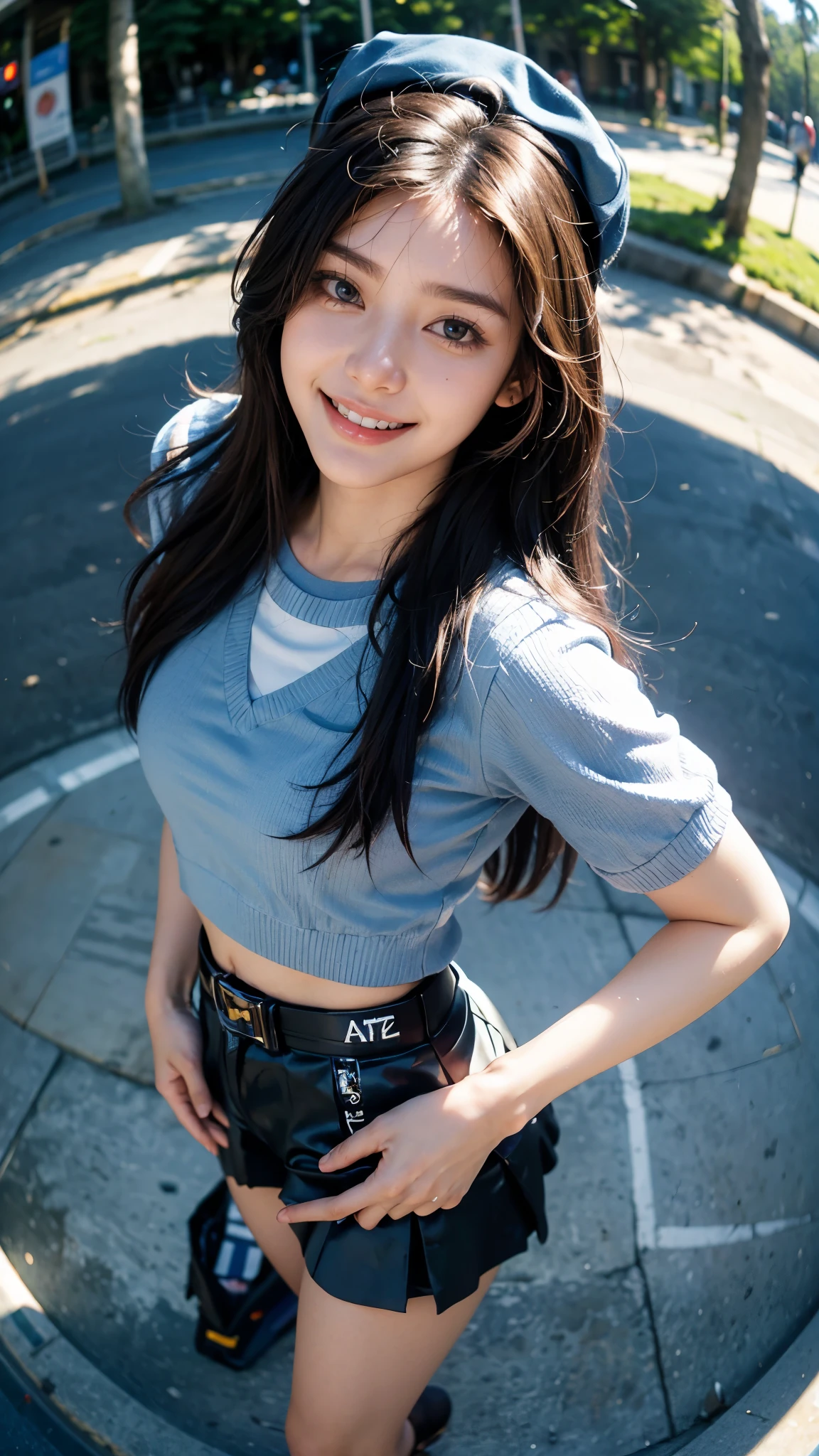 Highest quality, masterpiece, Ultra-high resolution,8k, (Realistic:1.6), (Facing portraits) RAW Photos, 1 girl,(Full of smiles, Showing teeth)), 22 years old,((Korean IdolKarinaFashion)),((Miniskirt uniform with undershorts)),((Straight black hair long hair)),((Wear the cap deeply)),((Looking up at the audience)),Face Focus:1.4,((Fisheye lens shot from above:1.4)),((Contrail background in the blue sky)), Image Media Chest)),((Smiling with teeth showing)),