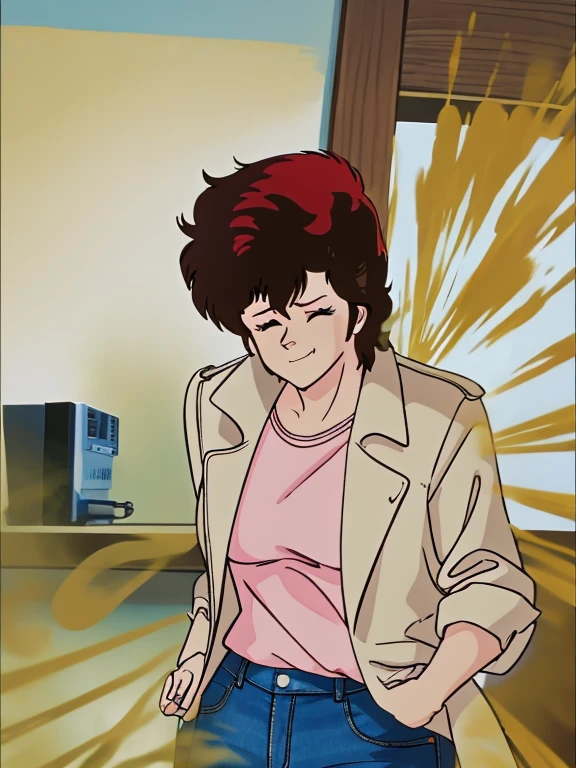 HD, high quality, high resolution, ultrahd,Kaori Makimura, 1female, wearing default outfit, light pink shirt, white coat, wearing coat over tshirt, jeans, default hair, brown hair, very tall body, thin body, massive fart, yellow smoke, velocity, closed eyes, leaning, bending over, embarrassed, smiling, clenching teeth, alone in a room, beautiful lighting, highlights