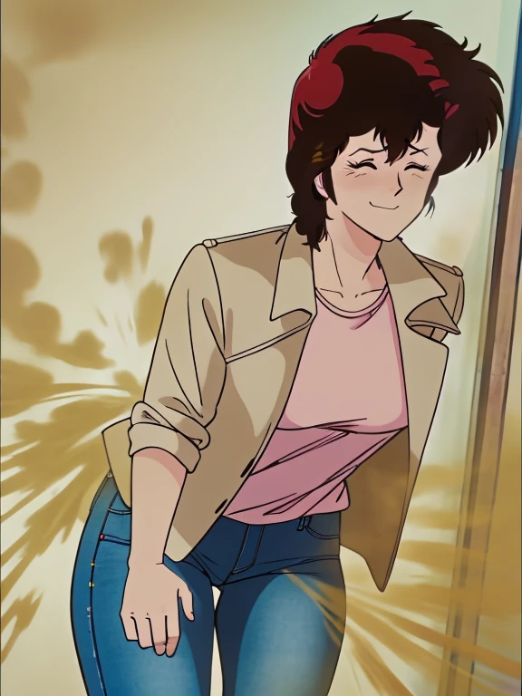 HD, high quality, high resolution, ultrahd,Kaori Makimura, 1female, wearing default outfit, light pink shirt, white coat, wearing coat over tshirt, jeans, default hair, brown hair, very tall body, thin body, massive fart, yellow smoke, velocity, closed eyes, leaning, bending over, embarrassed, smiling, clenching teeth, alone in a room, beautiful lighting, highlights
