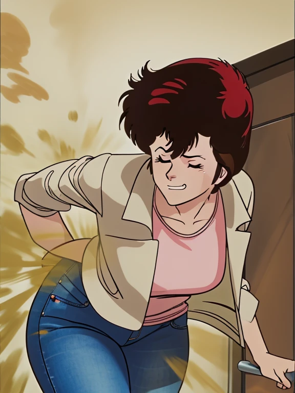 HD, high quality, high resolution, ultrahd,Kaori Makimura, 1female, wearing default outfit, light pink shirt, white coat, wearing coat over tshirt, jeans, default hair, brown hair, very tall body, thin body, massive fart, yellow smoke, velocity, closed eyes, leaning, bending over, embarrassed, smiling, clenching teeth, alone in a room, beautiful lighting, highlights